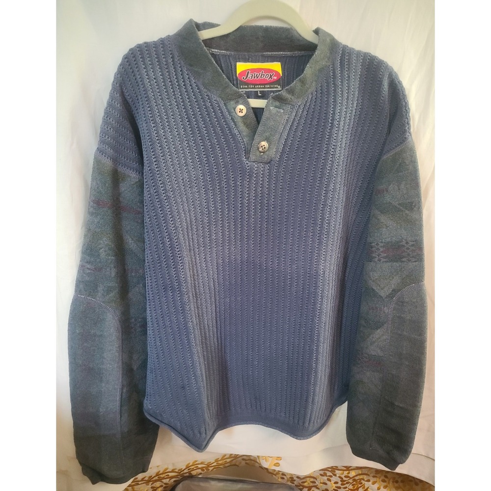 Jawbox Vintage Ribbed Henley Sweater Blue Patterned Sleeves JBX Men Large